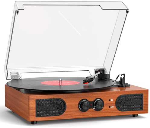 Vinyl Record Player with Built-in Stereo Speakers, Vintage 3-Speed Turntable, Bass/Treble Control, Headphone Jack, RCA/AUX Outputs, Belt-Driven LP Player, Red Wood