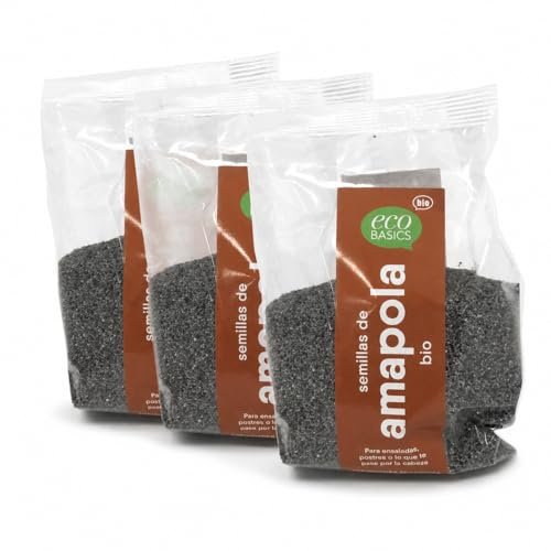 Pack 3 Semillas de Amapola EcoBasics Bio 150 g, 450 g total, semillas ecológicas veganas, fuente de fibra y proteínas, ideales para pan, postres, ensaladas y recetas diarias.