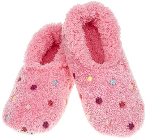 Snoozies Lotsa Dots Ladies Sherpa Fleece Slippers with Soft Non-Slip Sole, Pink, 5/6 UK