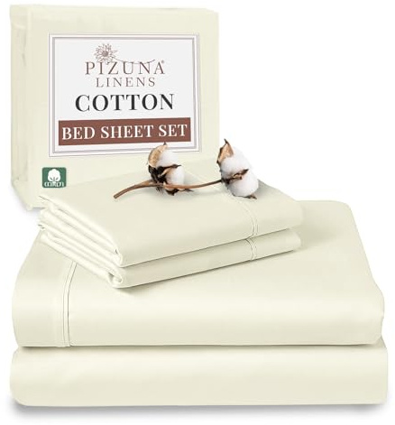 Pizuna 100% Cotton King Size Sheet Set Off White 400 Thread Count | 400 Thead Count Long Staple Cotton Bedding, 275x280 cm, Soft Sateen Weave Bed -fitted Flat Sheet & 2 Pillowcases