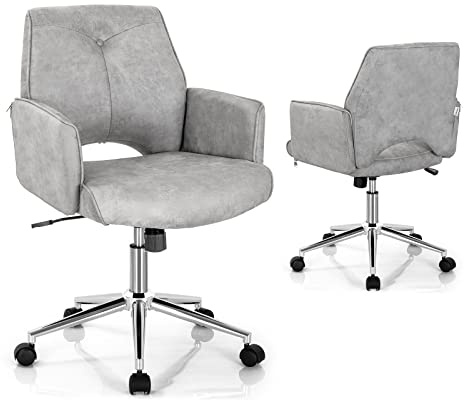 Giantex Home Office Desk Chair, Faux Leather Desk Chair with Wheels and Armrests, Height Adjustable, Modern Mid-Back Swivel Computer Work Chair, Upholstered Conference Chair for Meeting Room, Grey