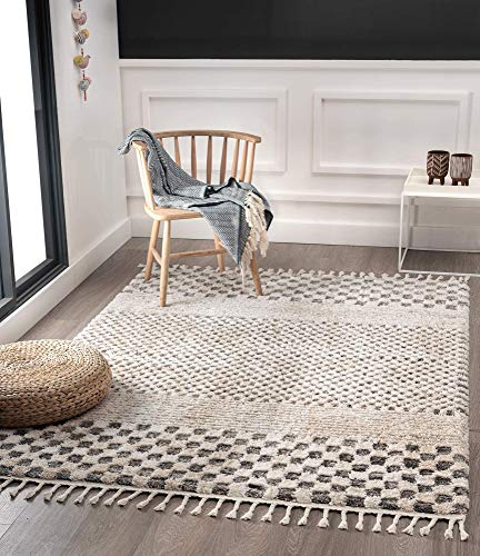 the carpet Vera Handmade-Look, Super Weicher Wohnzimmer Teppich, 3D Effekt, Hochflor, Langflor, Fransen, Skandinavisch, Kariertes Muster, Beige, 140 x 200 cm