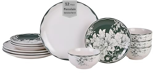 222 Fifth 12-Piece Porcelain Dinnerware Set for 4, White & Sage Green Plates and Bowls Set, Glossy Ceramic Dish Set with Detailed Floral Design, Microwave & Dishwasher Safe Dishes for Dining, Brittany