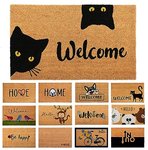 Fußmatte Kokosfaser Welcome Katzen - 70x40cm - Willkommens Fussmatte mit Antirutsch PVC & Kokos Oberfläche - für Hauseingänge, Flure, Außentüren, Wohnaccessoires - Schlichtes Originaldesign