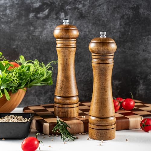 JF JAMES.F Salt and Pepper Mill Sets, 8 inch Wooden Salt and Pepper Grinders with Ceramic Core Wood Salt and Pepper Shakers Set of 2