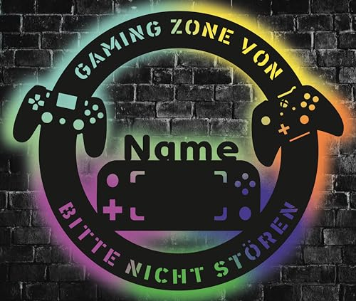 Waluna® Gamer Gaming Zone Led Geschenk für Gamer Zimmer Deko Zubehör - RGB Gaming USB personalisiert mit Name Deko in 12 Holzarben