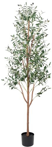 CQURE 6FT Artificial Olive Tree, Tall Faux Olive Plant Indoor Potted Fake Silk Plant with Natural Wood Trunk and Lifelike Fruits for Home Office Living Room Bedroom Decor(180cm)