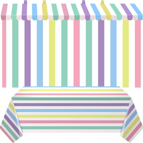 Boao 4 Pcs 3D Circus Awning Wall Decoration Set Carnival Awning with Tablecloths Concession Stand Supplies for Party Walls Classroom Decorations(Macaron, 108 x 54 Inches, Stripes)
