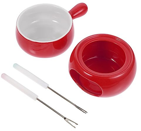 HOLIDYOYO Fondue De Chocolate De Cerámica Calentador De Queso, Olla Mango y Tenedores, Base Roja De Acero Inoxidable, para Fondue Casa y Postres, Set