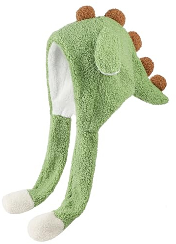 Adult Dinosaur Hat with Moving Ears for Women Men Cartoon Animal Winter Hat Funny Plush Jumping Flap Cap for Christmas Festival Birthday Gift (Green)