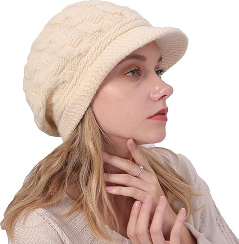 AYPOW Stickad säckig vintermössa för kvinnor, fleecefodrad, varm, termisk mössa med brätte, pullover, öronskyddshatt, basker, hatt, ”newsboy”-keps, daglig vintrig utomhushatt för damer
