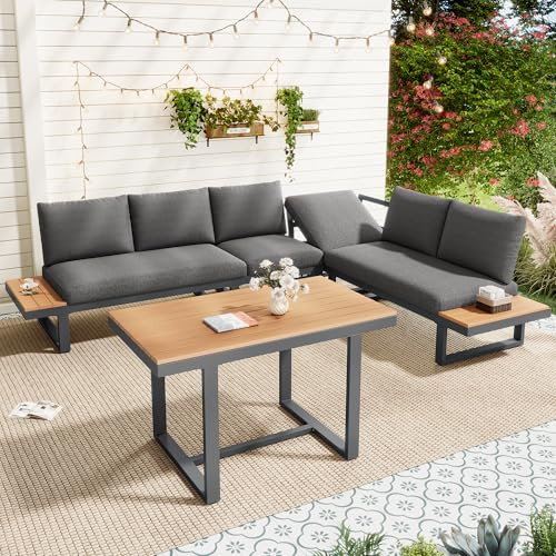 ECLIVON Conjunto de Jardin Exterior para 6 Personas, 5 Piezas, Set Muebles Jardin con Mesa de Centro, Sofá con Cojines y Respaldo, Juego de Muebles de Jardín para Terraza Patio (Negro + Gris)