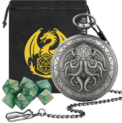 Set di Dadi Mini DND, 7 Dadi Poliedrici in Acrilico Verde D&D, con Polpo Cassa Orologio da Tasca, Argento Scuro