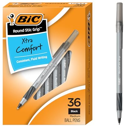 BIC Round Stic Grip Xtra Comfort Black Ballpoint Pens, Medium Point (1.2mm), 36-Count Pack, Perfect Writing Pens With Soft Grip for Superb Comfort and Control