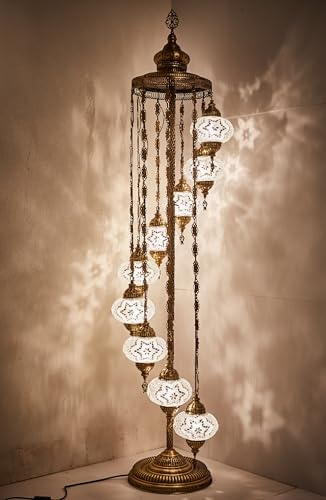 DEMMEX Turkish Moroccan Mosaic Floor Lamp, 9 Globes, 6ft Tall – Tiffany Style Decorative Standing Lamp with Colorful Globes for Bedroom, Living Room, Entryway – Handmade in Turkey, White-Clear