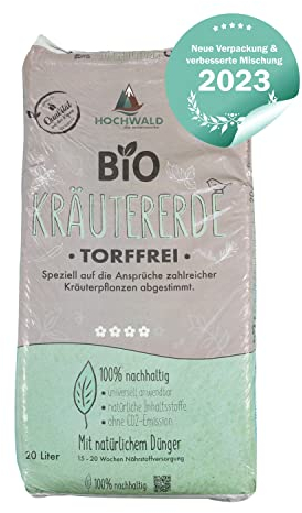 Hochwald - Bio Kräutererde 20 L torffrei mit nachhaltigem Langzeitdünger - Erde mit Natur Dünger für Kräuter - Basilikum Bioerde Balkon & Hochbeet - Spezialerde mit Bodenhilfsstoff für Kräuterpflanzen