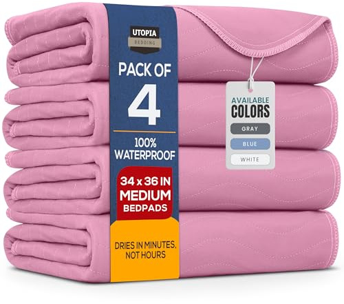 Utopia Bedding Washable Underpads 34 x 36 (Pack of 4), Waterproof Reusable Heavy Absorbency Incontinence Bed Pads for Adults, Kids, Elderly and Pets, Bedwetting Pads for Sofa and Couch (Pink)