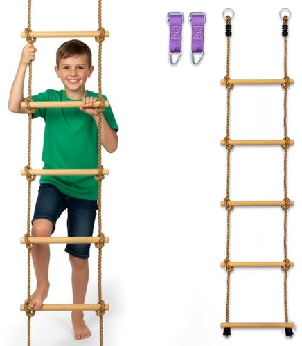 Trailblaze Wooden Rope Ladder for Kids – 6ft Outdoor Climbing Ladder with Real Wood Rungs, Heavy-Duty Rope & 2 Carabiners – Treehouse, Swing Set, Ninja Course & Playground Accessory