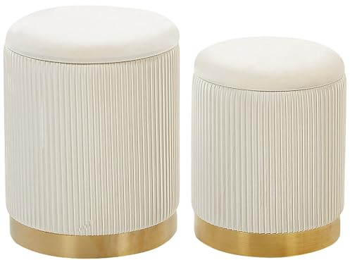 Conjunto de 2 pufs con almacenaje tapizados en poliéster blanco con base dorada diseño moderno mechón horizontal Miramar