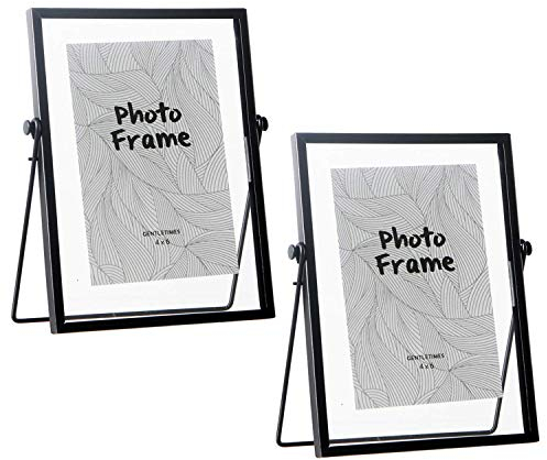 2 Pack 4x6 Metal Floating Glass Picture Frame with Metal Easel (Vertical), 6x4 Glass Photo Frame Metal Geometric Picture Frame for Photos, Art, Tabletop Display (Black)