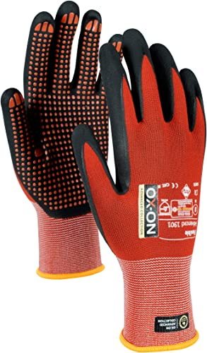 OX-ON Flexible Advanced 1901 Red Work Gloves, Extremely Durable Safety Gloves, Secure Precise Grip, Protective & Comfortable Nitrile Gloves, Dotted Palm For Extra Grip, Sanitised - 12pairs, Size 9 / L