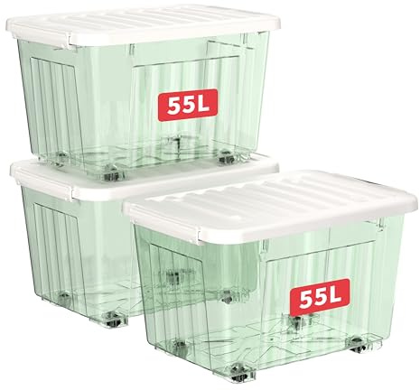 Cetomo 55L*3 Cajas de Almacenamiento con Tapas, Contenedores de Plástico con Ruedas, Clip On, Apilables, Encajables, Organizador Rayado para Oficina en Casa, Verde Claro, 55L-3 Pack