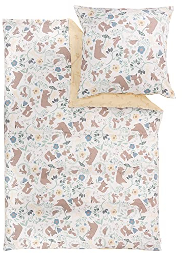s.Oliver Kinderbettwäsche Waldtiere 100x135 cm - 100% Baumwolle, praktischer Reißverschluss & maschinenwaschbar, Bettwäsche für Kinder 2tlg. Tiere gelb bunt