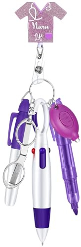 Engrowtic 6 Pcs Nurse Pen Set Include Permanent Marker Pen Badge Clip Ballpoint Highlighter Foldable Scissors LED Flashlight Keychain Appreciation Gifts Nurse Accessories for Nurses Week(Purple)