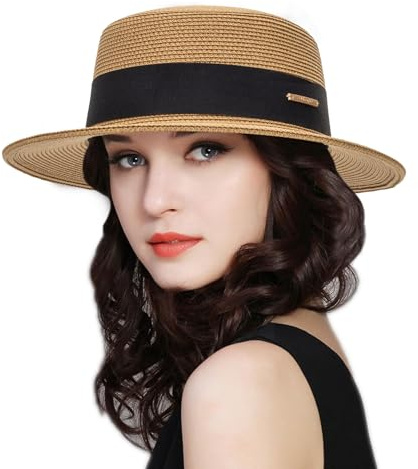 CaySep Women Straw Sun Hat Flat Top Boater Hat - Classic Panama Wide Brim Fedora Summer Beach Sun Hat