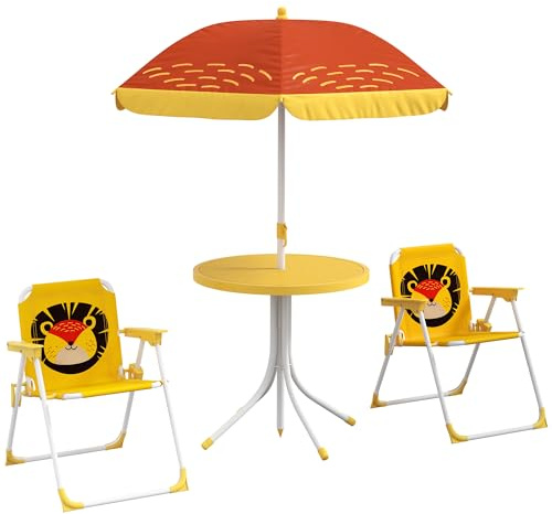 AIYAPLAY Ensemble salon de jardin extérieur enfant, table enfant avec chaise 4 pièces, motif éléphant et girafe, parasol réglable Ø 100 cm, chaise pliable, pour terrasse, balcon, plage, jaune