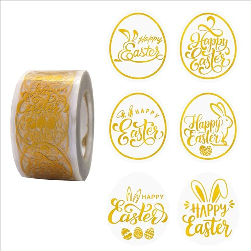 Masper Easter Stickers, 1.3 x 1.6, 600 Sheets, 6 Waterproof Transparent Gold Foil Shiny Designs, Happy Easter Stickers for Decorations Gifts Cards Crafts Bags Envelopes Wrapping