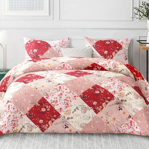 Whale Flotilla Couette 200 x 200 cm, Couette Couverture Respirante et Super Douce pour 4 Saisons avec 2 Taies d'oreiller, pour lit 2 Personnes, Carreau Rouge