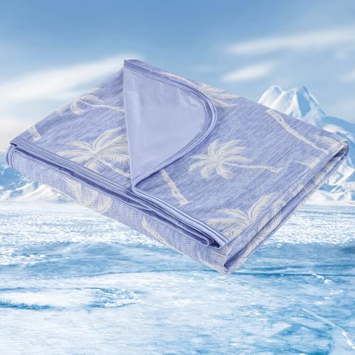 VK·LIVING Coperta Rinfrescante Doppia Faccia Q-Max 0.42 – Motivo Tropicale, Leggera e Traspirante contro Caldo per Letto, Divano, Viaggi,200x220cm, Blu
