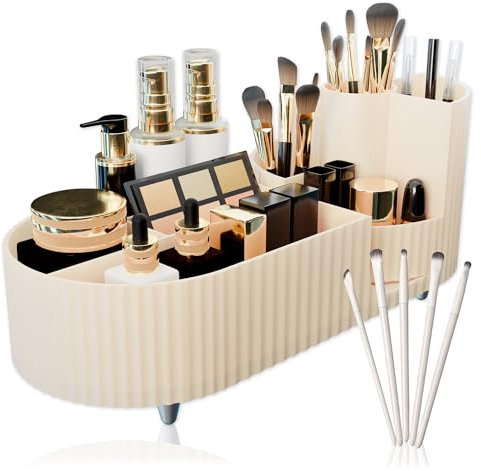 Pack Organizador Maquillaje Giratorio 360° con 5 Pinceles. Organizador Brochas Maquillaje con 9 Compartimentos para Cosméticos y Perfumes. Ideal para Decoración Habitación y Baño. Makeup Organizer