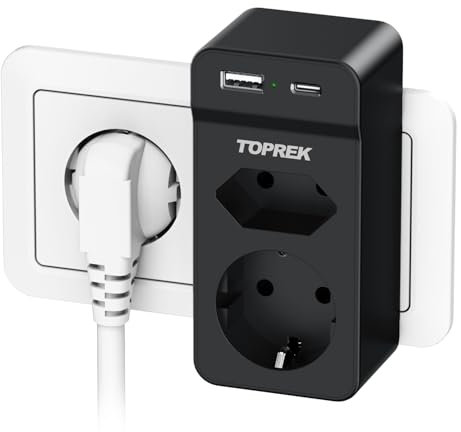 Prise USB Secteur Multiple, TOPREK 4 en 1 Chargeur USB Multiprises avec 2 USB(5V/2,4A) et 2 Sortie AC 16A, 4000W Murale Electrique pour la Maison Le Bureau Les Voyages Compatible avec Phone, Portable