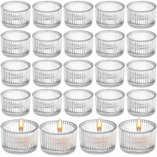 Clear Ribbed Glass Tea Light Candle Holders 24Pcs Elegant Votive Tealight Holders 5.5cm x 3.5cm Vintage Candle Holder Tea Light Holder for Weddings, Parties, Home Decor, Christmas & Restaurants (24)