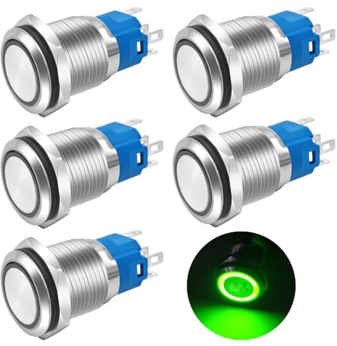 Gebildet 5 Unidades Pulsadores Metálicos de 16mm con LED Verde, Resistentes al Agua, 12V-24V/5A, 1 NA, 1 NC, Encendido/Apagado, para Orificio de Montaje de 5/8