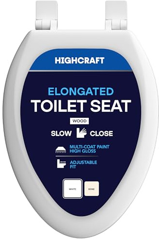 HIGHCRAFT Premium Elongated Toilet Seat with Slow-Close Design & Adjustable Hinges - Molded Wood Toilet Seat - Fits Standard Elongated Toilets - Oval Seat in White