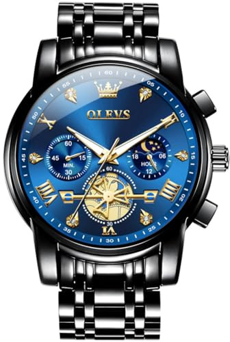 OLEVS Watch Men Luxury Black Watches for Men Blue Large Face Stainless Steel Waterproof Casual Mens Watches Classic Dress Analog Quartz Chronograph Diamond Wrist Watch Relojes para Hombres
