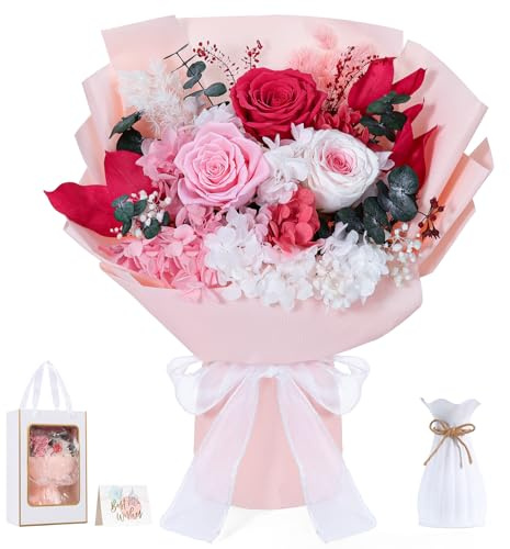 Lewondr Ramo de Flores Conservadas con Jarrón – 3 Rosas y Flores Reales, Ramo Rosas Eternas de Larga Duración, Regalo Eterno para Madre, Esposa, San Valentín Aniversario o Cumpleaños, Rosa