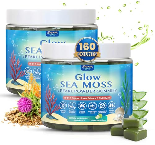 2 Pack Sea Moss Glow Gummies Hair Loss Skin & Nails with Irish Seamoss Pearl Powder Vitamin C E Milk Thistle Taurine Aloe Vera FOS Superfood for Immune Intestinal Thyroid Detox Adults& Kids 160 Count