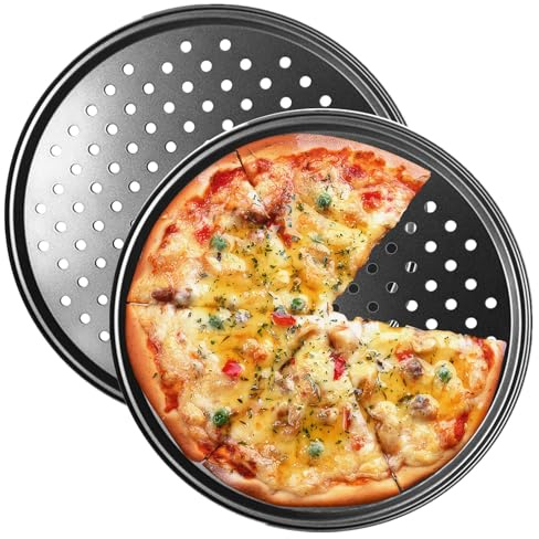 harupink Pizzaplåt rund 32 cm, uppsättning om 2, kolstål, perforerad jämn värmefördelning, pizza bakplåt non-stick-belagd, pizzaform för pizza och flammkakor, pizzabröda, värmebeständig upp till 230 °