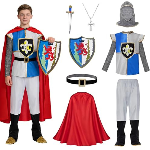 HIULLEN Riddarkostym barn, medeltida kostym, karnevalskostym barn med riddarhjälm svärd skylt, kappa, gåva för pojkar för cosplay, karneval, rollspel, fest