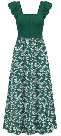 AUSELILY Robe Longue D'été Femme Col Carré Volants sans Manches avec Poches | Robe Maxi Casual Beach,Robe De Soleil Flow-Vacation élégante,Tissu Respirant Et Doux,Multiple Motifs Imprimés Disponibles