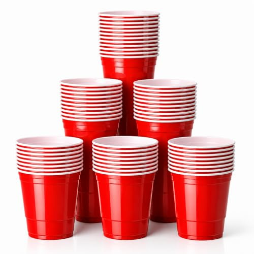 HaushaltsO Red Cups extra stark – 473 ml/16 oz öl pong kopp, återanvändbara festmuggar, röda plastmuggar för ölpong, fester, festivaler, JGA, camping (250 x)