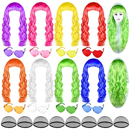 Bouiexye 24 Stück Bunte Lange Lockige Perücken Lange Bunte Perücken Gewellte Neon Party Lockige Cosplay Kostüm für Frauen Party Dekoration Junggesellenabschied
