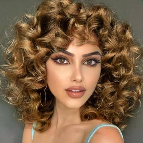PORSMEER Brown/Blonde Curly Wigs for Women Synthetic Hair Natural Big Curly Afro Kinky Medium Wavy Bob Wig Black Women for Costume Halloween or Daily Wear