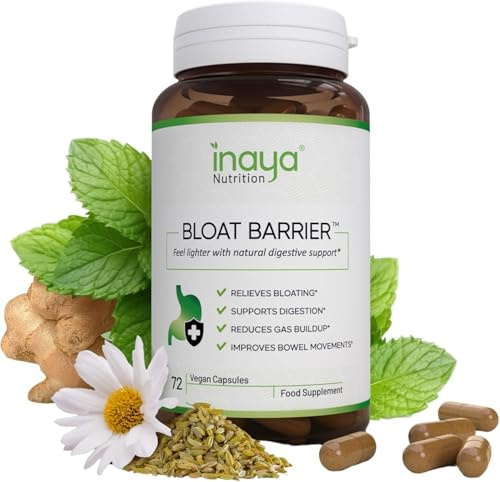 Inaya Nutrition BloatBarrier 72 Capsules - Natural Digestion and Bloating Supplement for Stomach Bloating Relief, Gas Reduction, and Improved Bowel Movements – Vegan, Gut Health Supplements