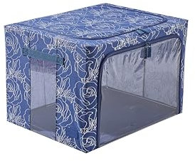 Periea ‘Beau’ Folding Collapsible Stackable Fabric Home Storage Boxes with Steel Frames (Navy Floral Metallic, Large)
