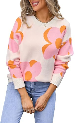 HEYPORK Damen Herbst Winter Warm Bequem Pullover Casual Strickpullover Frauen Rundhals Bedruckt Mode Große Blume Pullover(Weiß, XL)